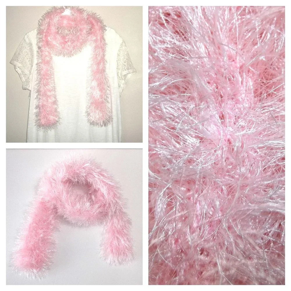 Fuzzy String Scarf Turquoise Pink Long Heavy Warm Crocheted Barbiecore Girl S24
